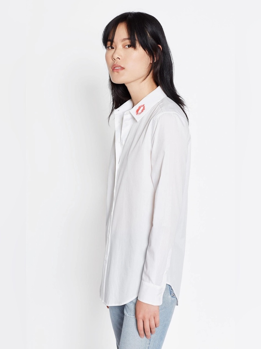 EQUIPMENT Essential Lip Print Cotton Shirt In Bright White/ Rouge